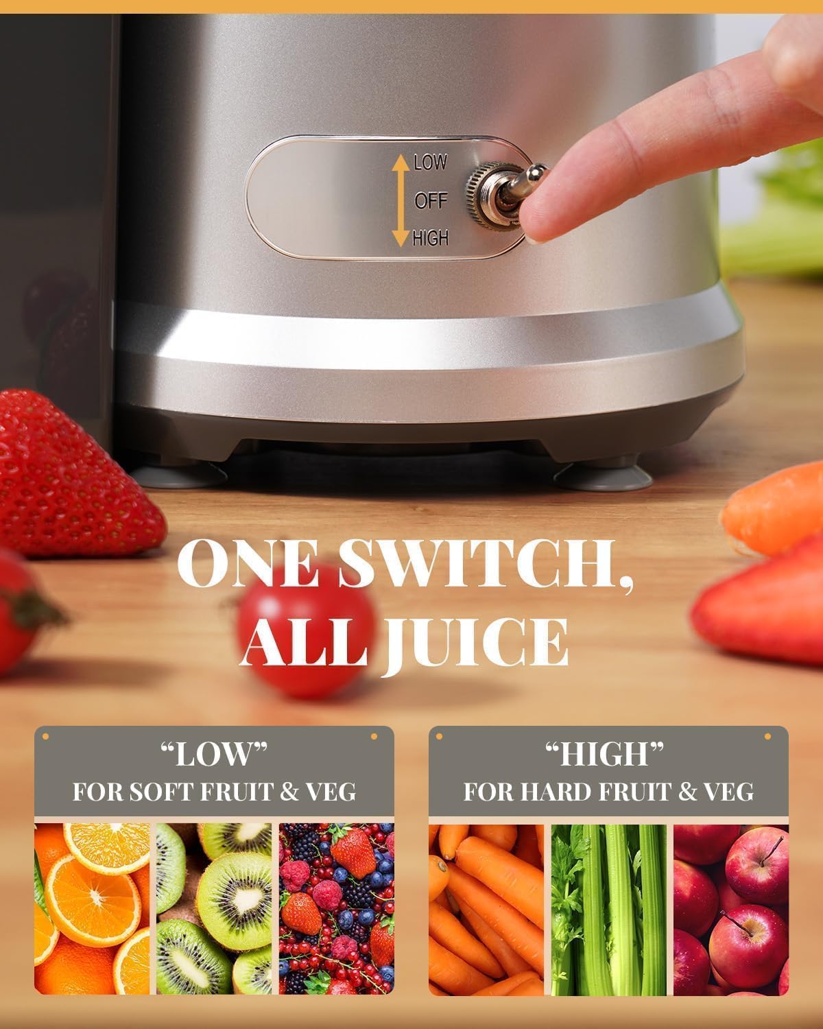 Juicer with control switch on a wooden surface surrounded by fruits and vegetables.