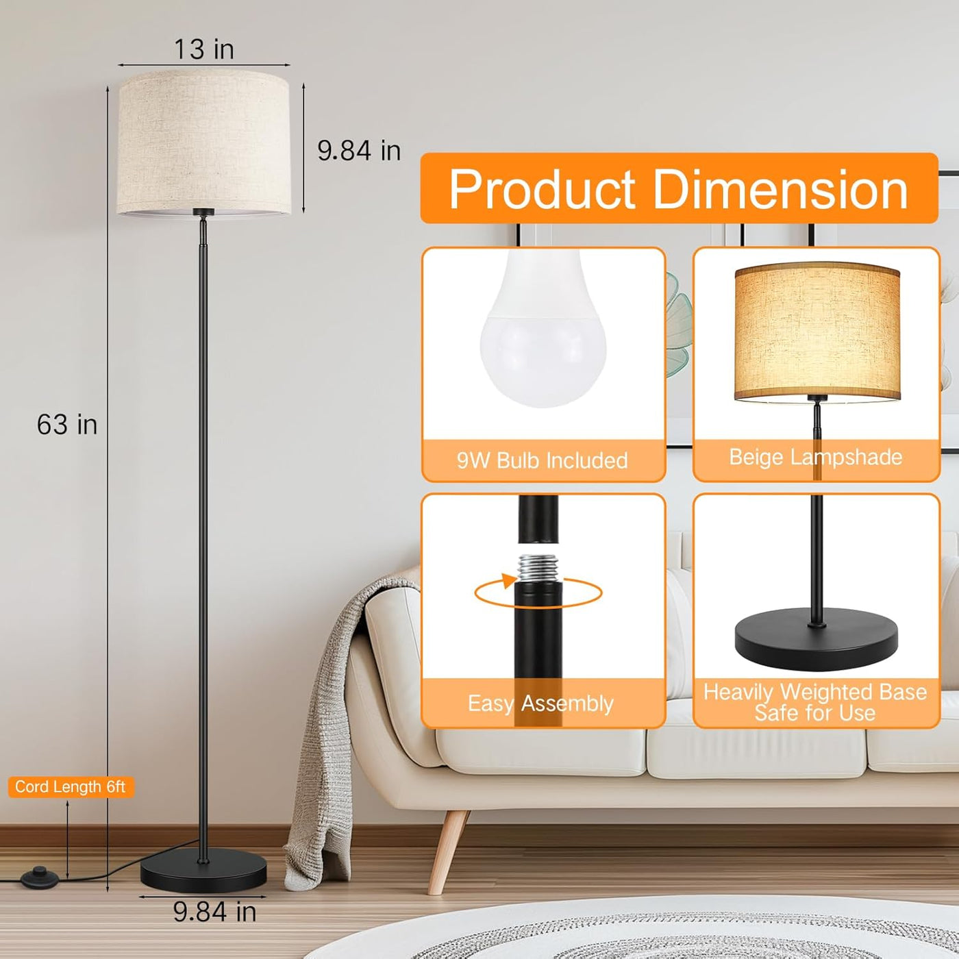 OUTON Modern Floor Lamp, Remote, Dimmable, 3000K-6000K, Linen Shade, Black