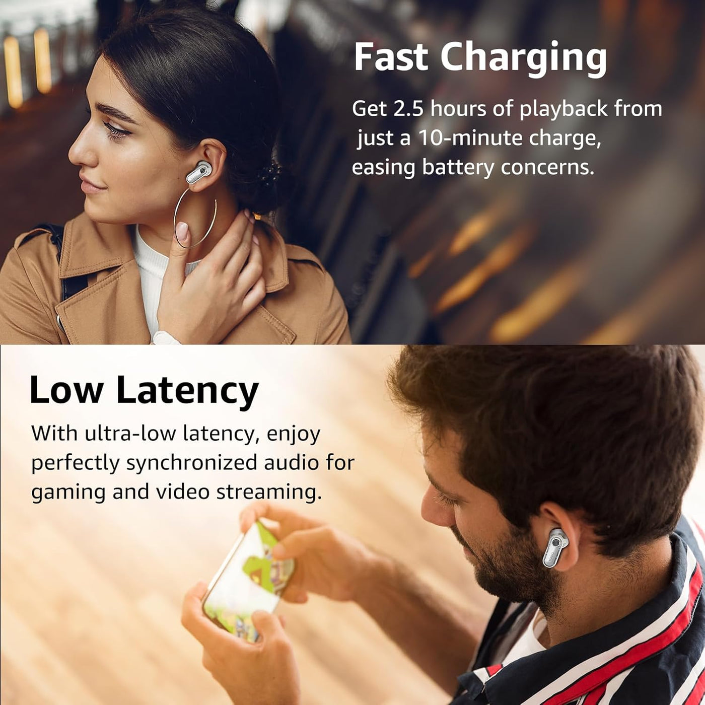 Two people wearing wireless earbuds with text about fast charging and low latency.