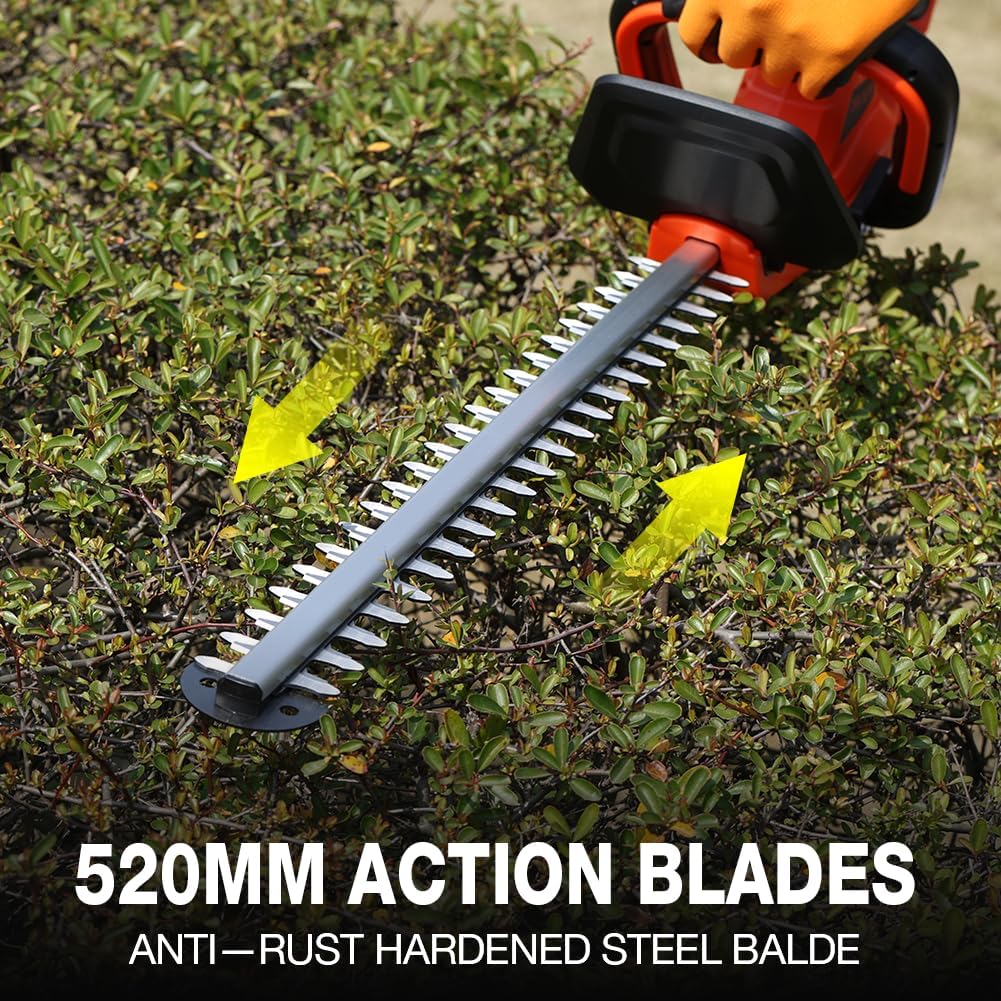 Gardening tool with 520mm action blades cutting through grass