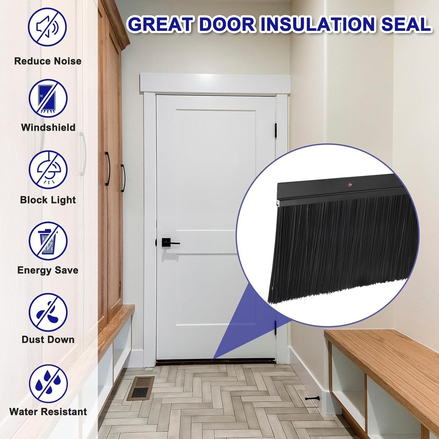 Door insulation seal with features listed above a door in a hallway.