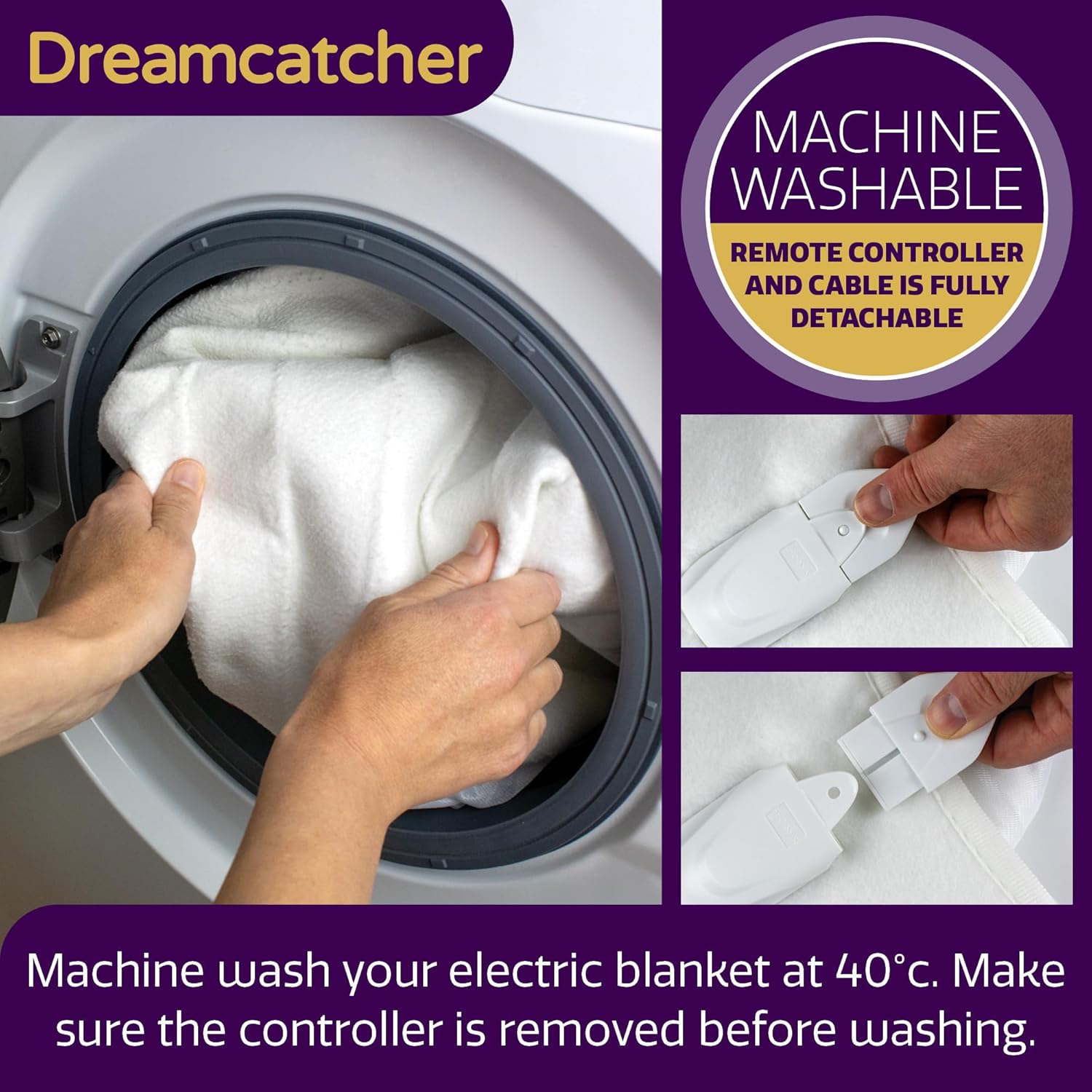 Electric blanket being placed in a washing machine with text about machine washability and care instructions.