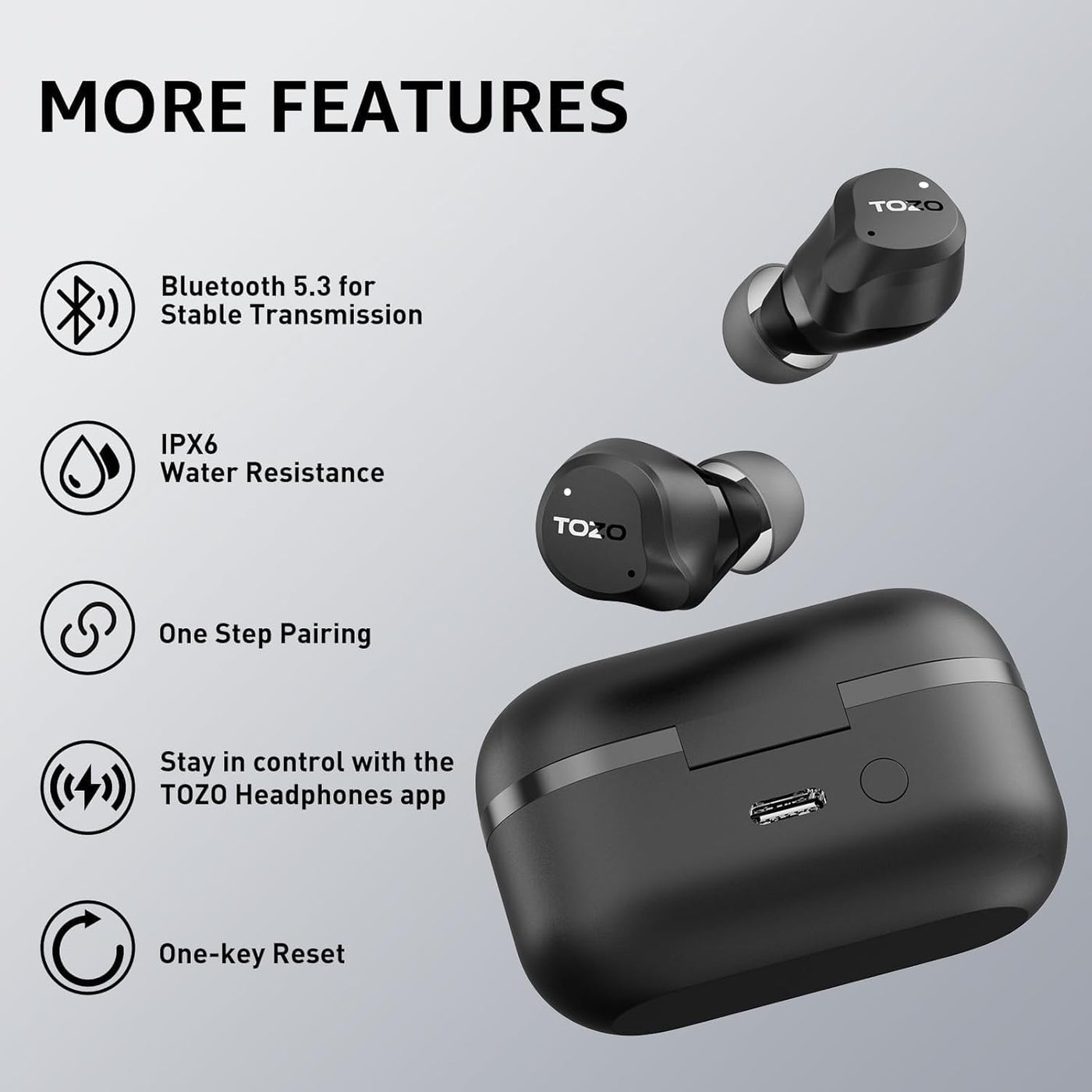Black wireless earbuds with charging case on a gray background, featuring TOZO branding.