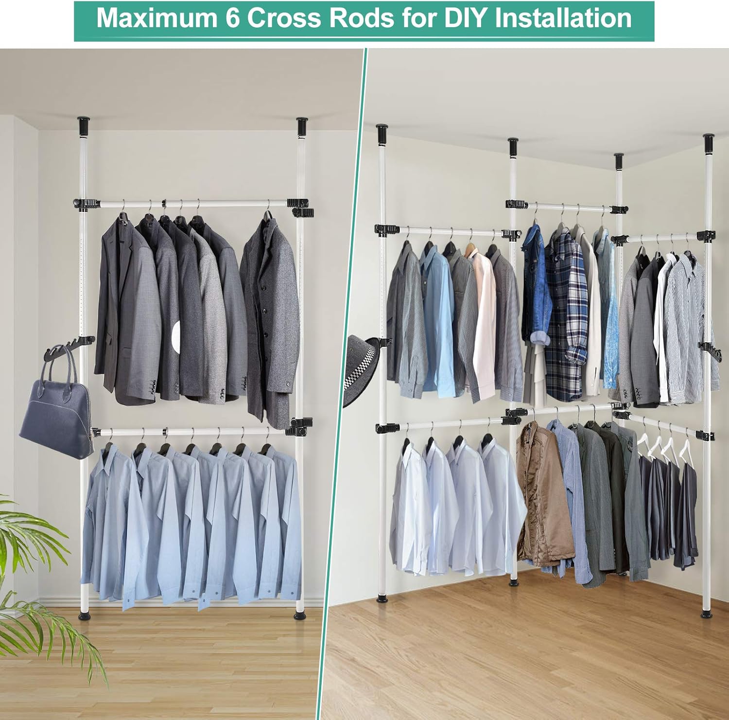 Clothing rack with multiple cross rods holding various clothes in a room.