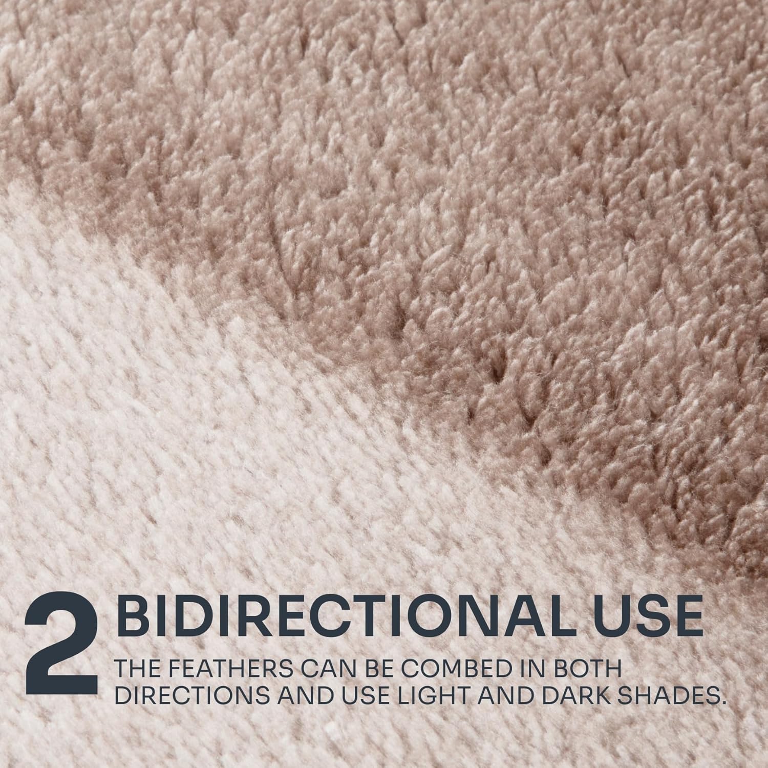 Close-up of textured fabric with a gradient from beige to brown, featuring text about bidirectional use.