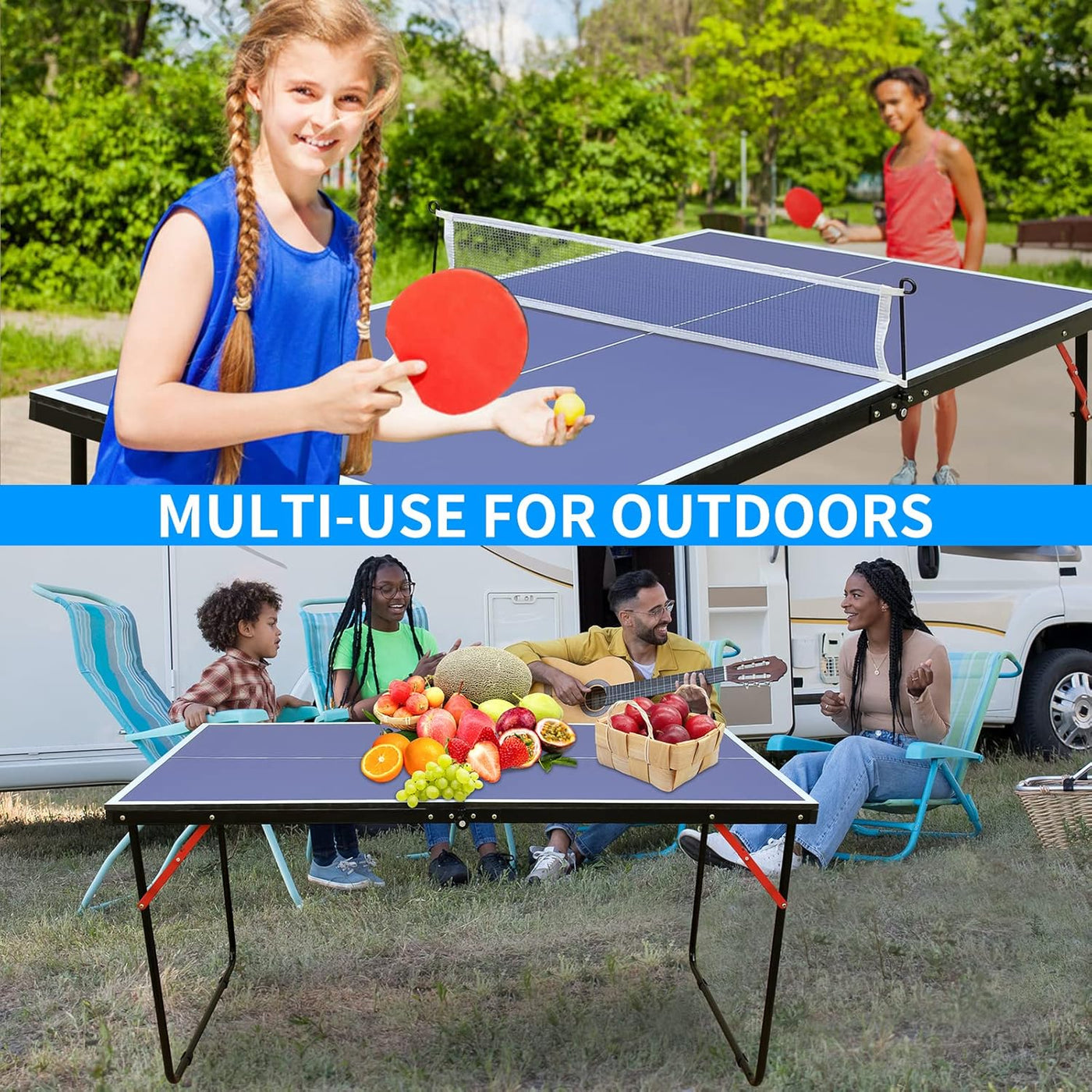 REXOUS Midsize Folding Ping Pong Table Game Set 2 Paddles 3 Balls, Net 30''x54''