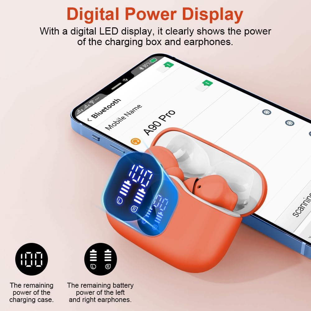 Orange charging case with digital display and smartphone showing Bluetooth connection.