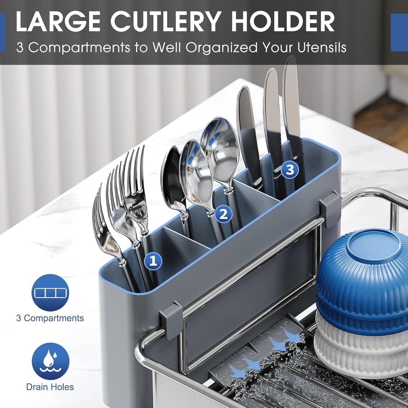 Large cutlery holder with utensils in a kitchen setting