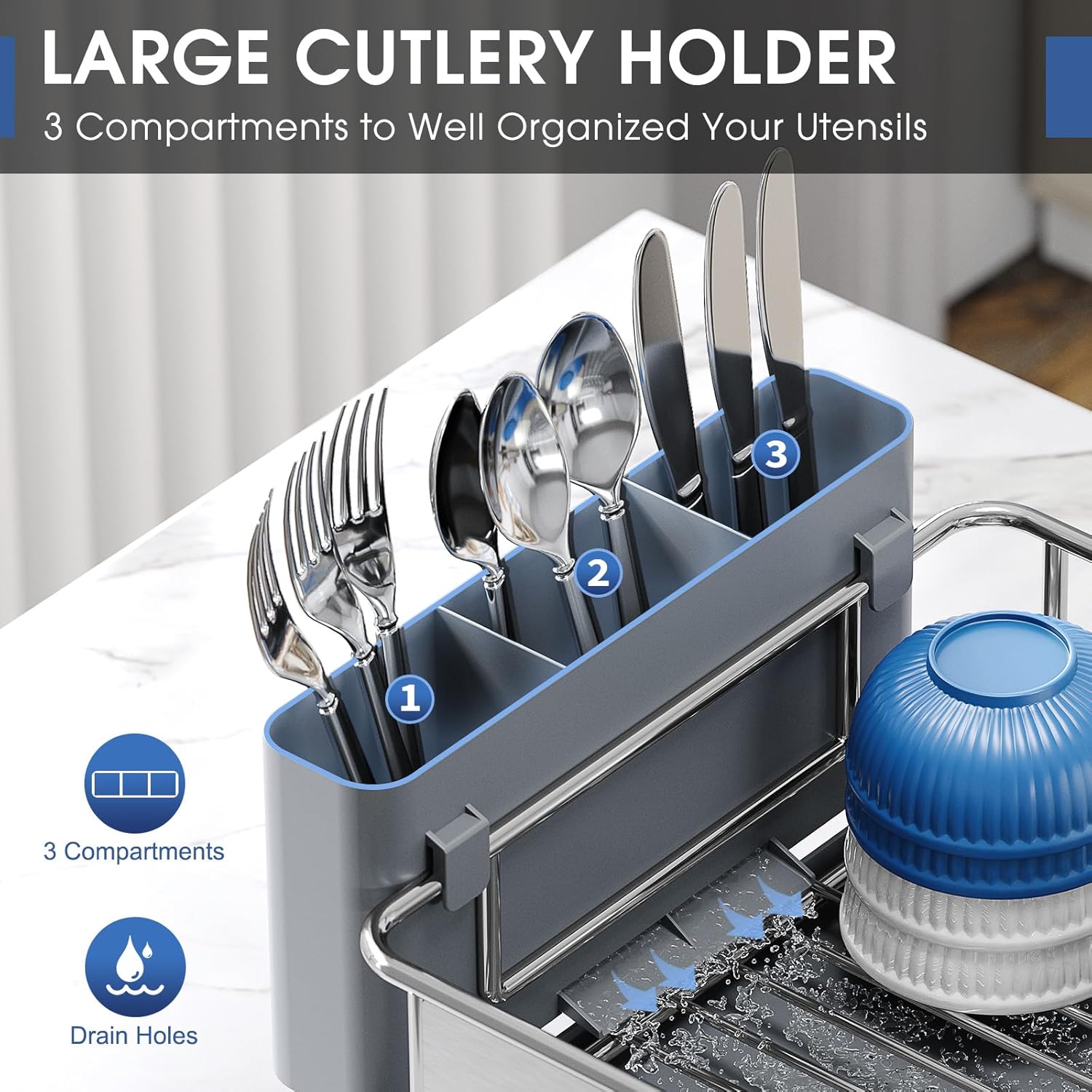 Large cutlery holder with utensils in a kitchen setting