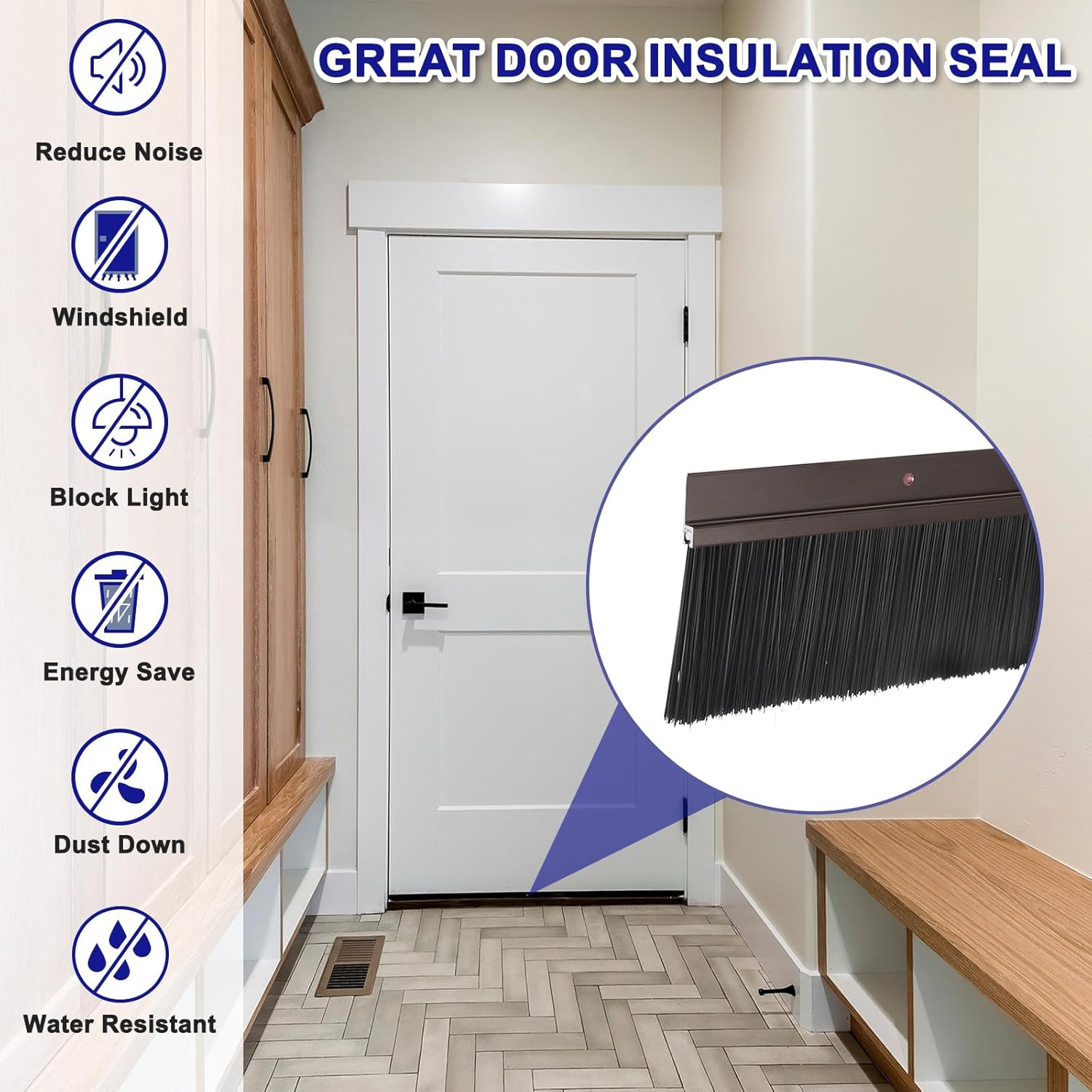 Door insulation seal with features listed above a white door in a hallway.