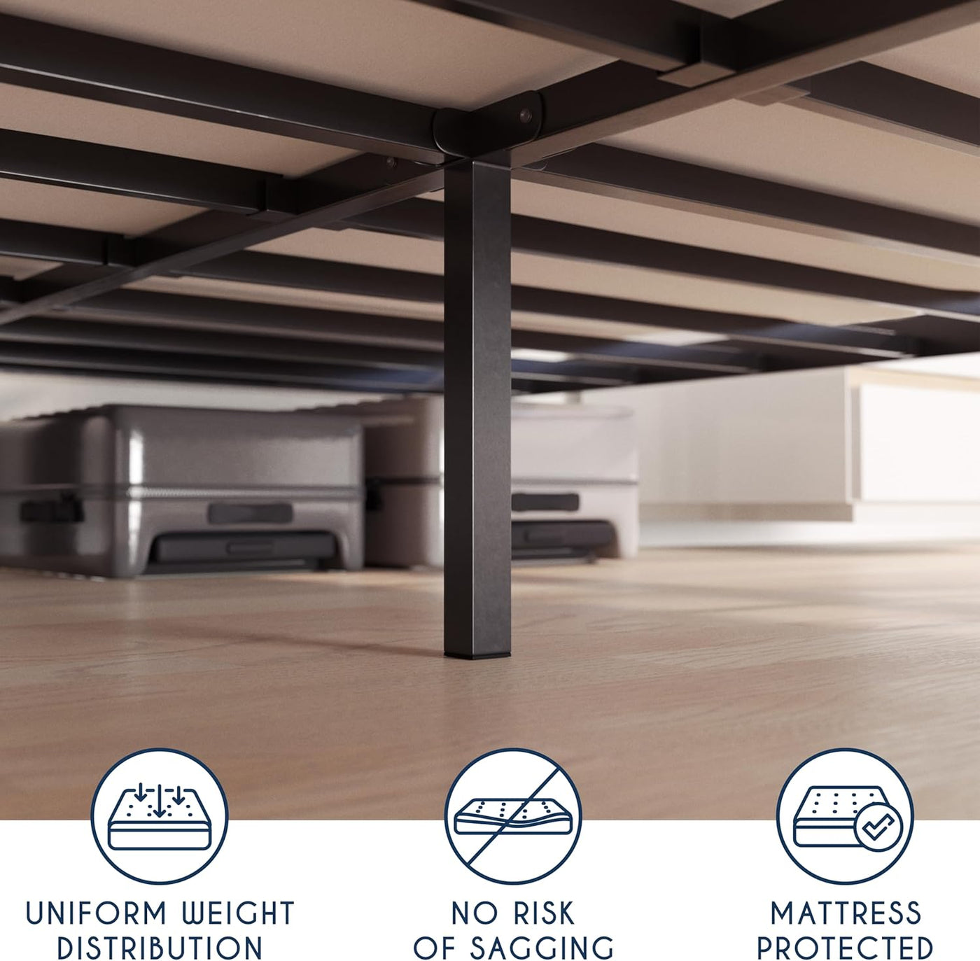 Metal bed frame with storage drawers on a wooden floor, showing features like uniform weight distribution and mattress protection.
