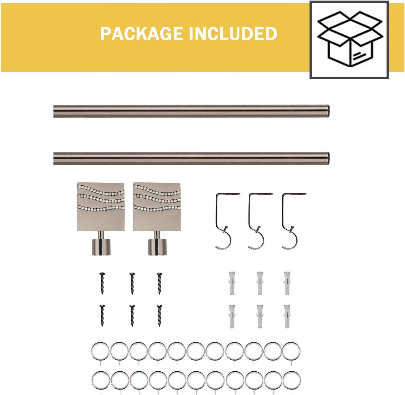 Curtain rod package with components on a white background