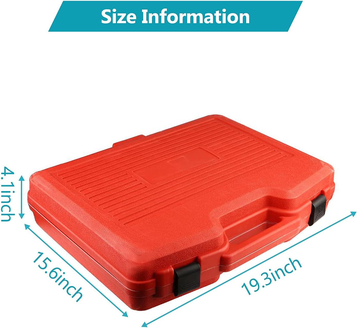 Red tool case with dimensions labeled on a white background