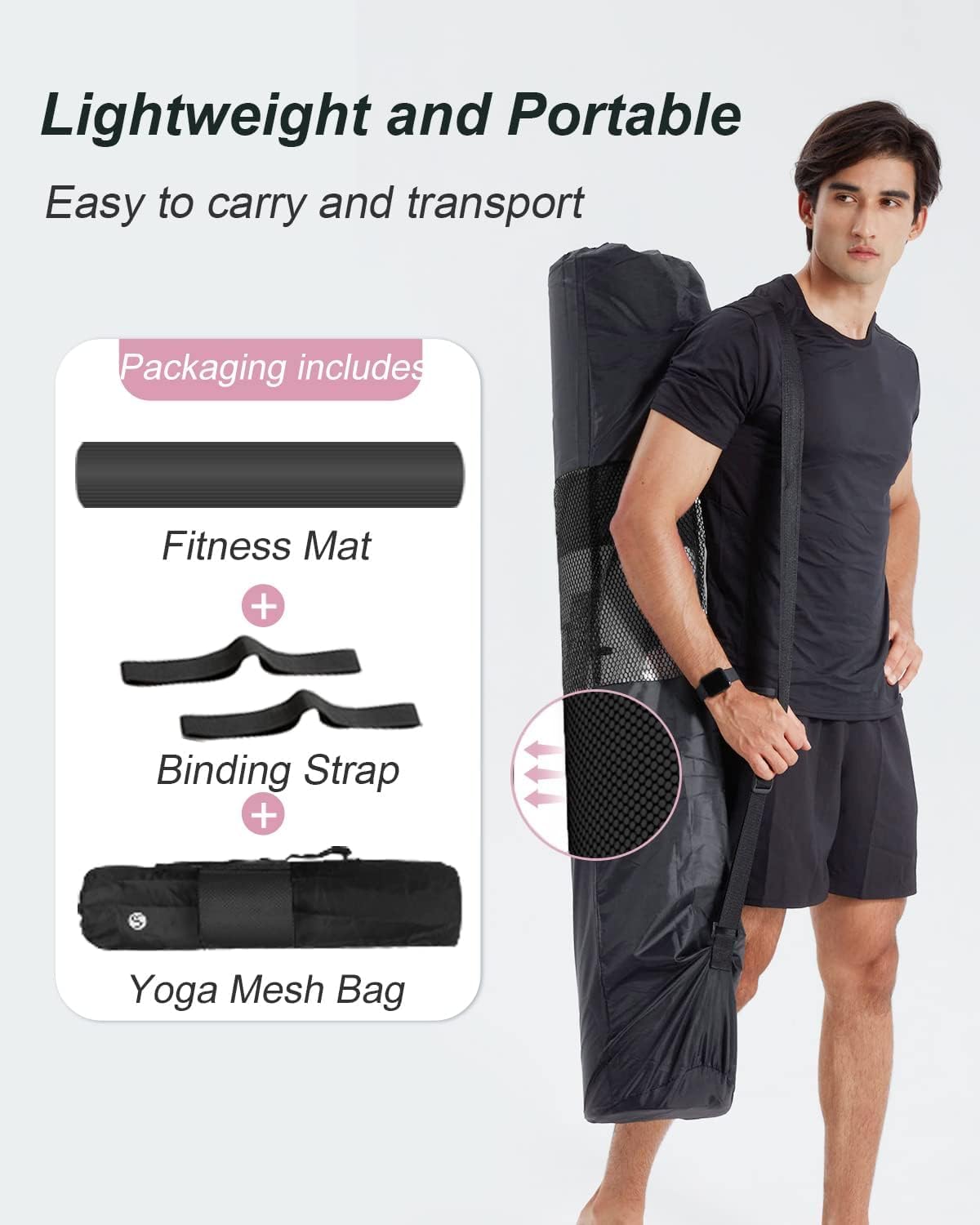 Person holding a yoga mesh bag with packaging details on a white background
