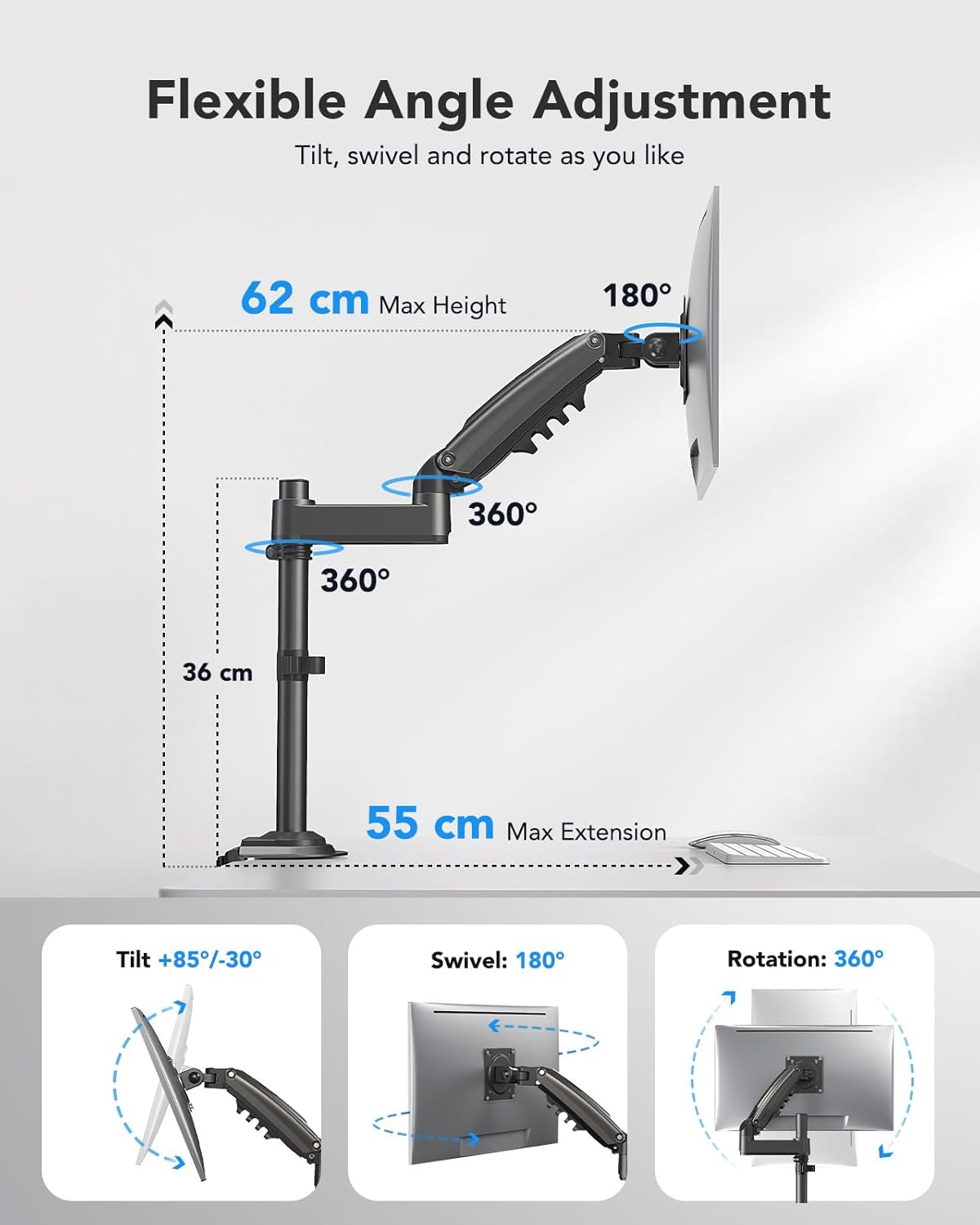 HUANUO Monitor Arm 13"-34" with Pole & Gas Spring, VESA Desk Mount