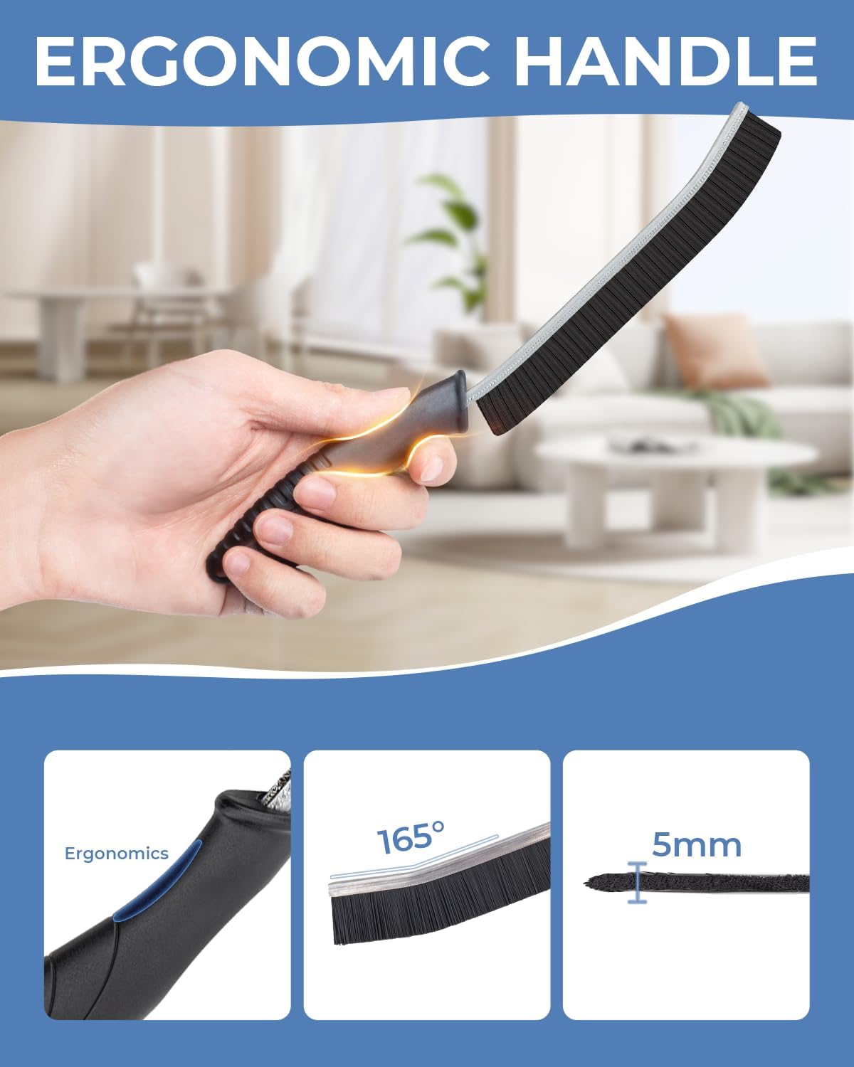 Ergonomic handle with a hand holding it, set against a blurred indoor background.