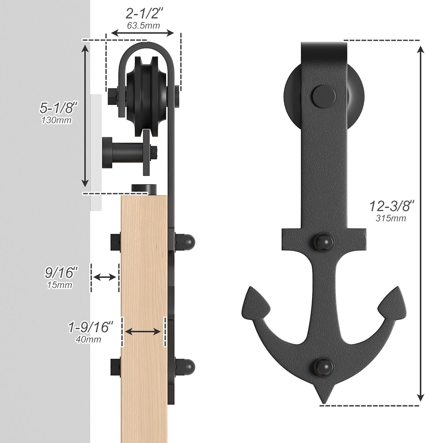 Black sliding door hardware with measurements on a white background