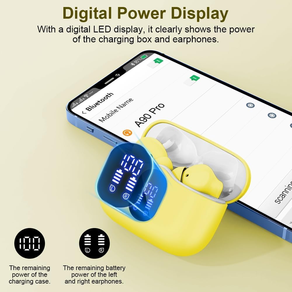 Yellow charging case with digital display and smartphone showing battery status on a beige background
