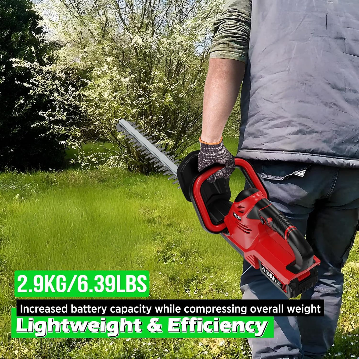 Person holding a red hedge trimmer in a garden setting with text highlighting weight and efficiency.