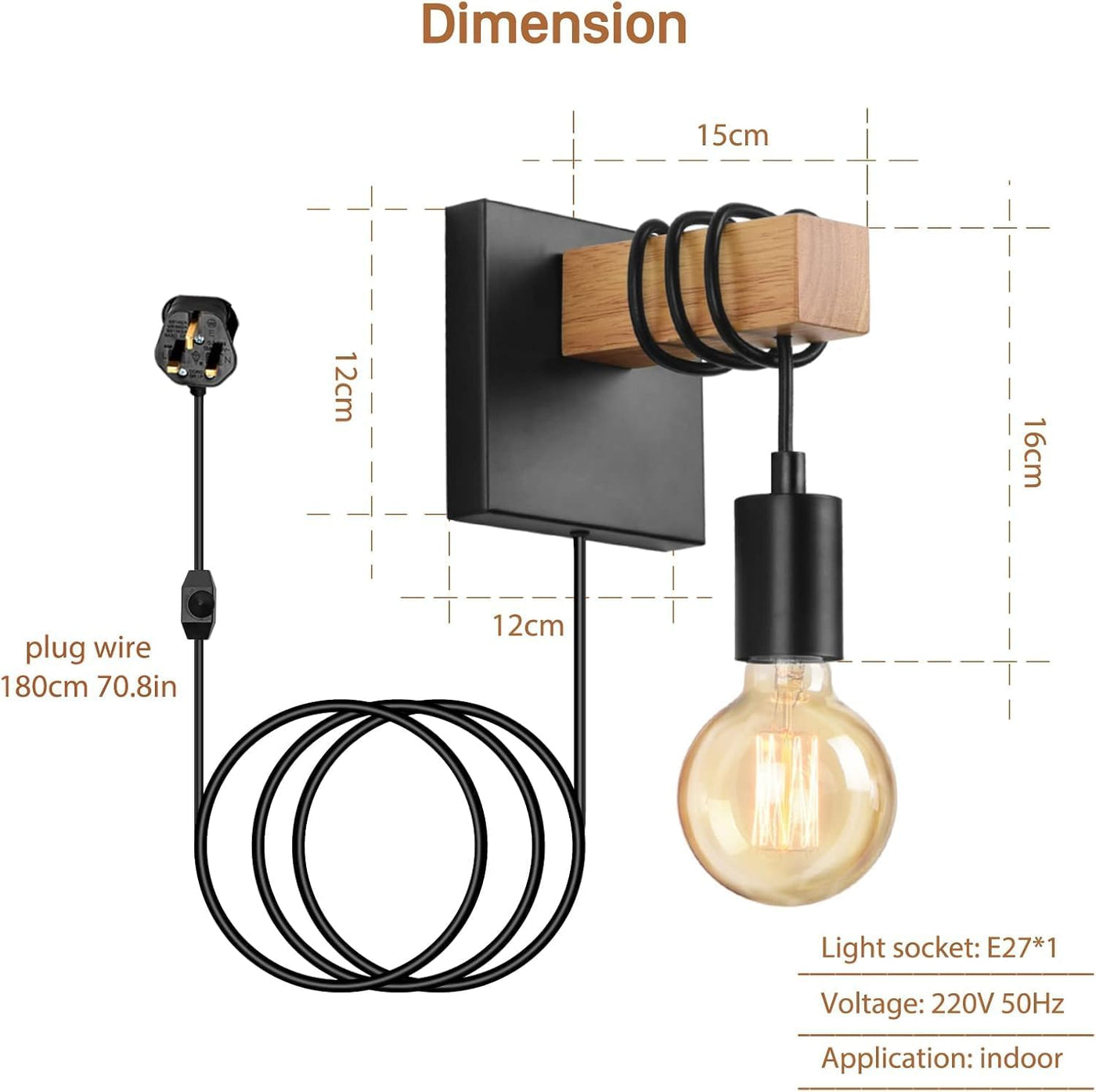 Wall-mounted light fixture with dimensions and specifications on a white background