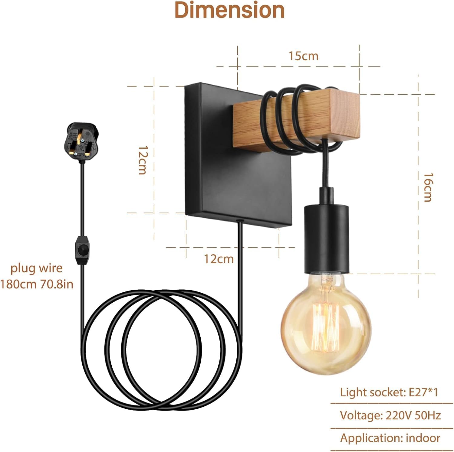 Wall-mounted light fixture with dimensions and specifications on a white background