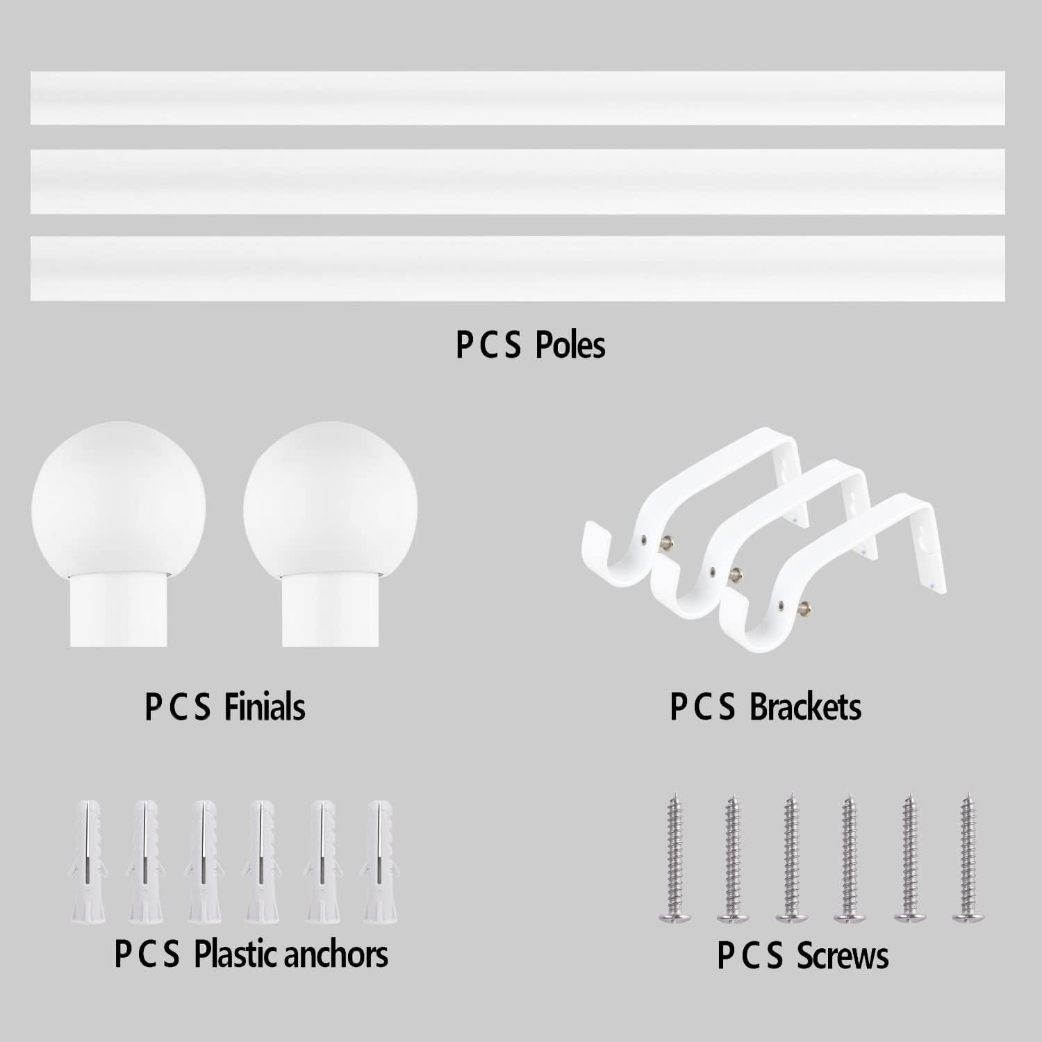 Extendable Curtain Pole 120-300cm, White, Round Ball Finials, 48-120inch