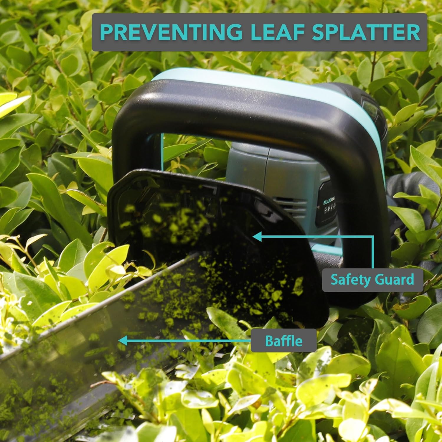 Gardening tool with safety guard and baffle mechanism in a leafy background