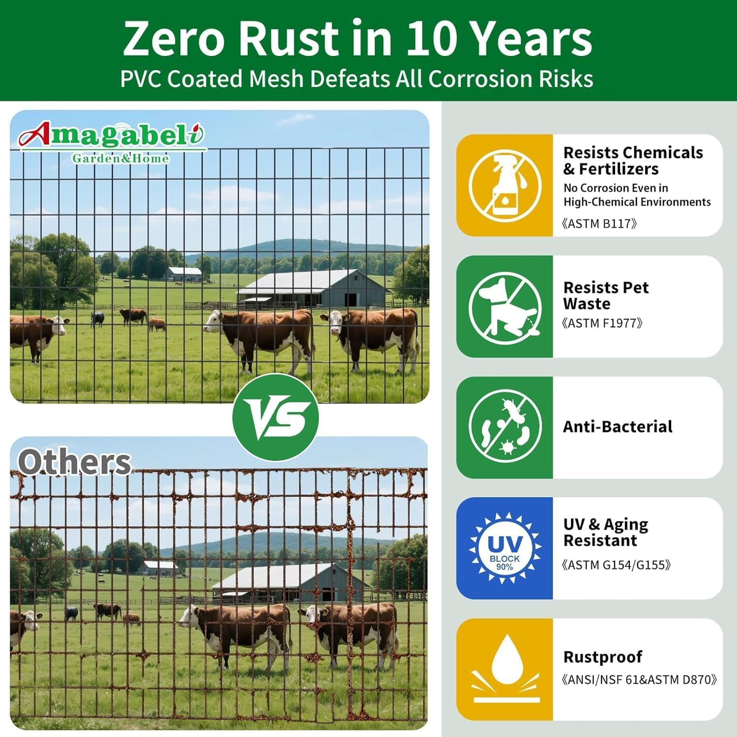 Advertisement for Amagabeli PVC coated mesh with images of cows in a field and text highlighting product features.