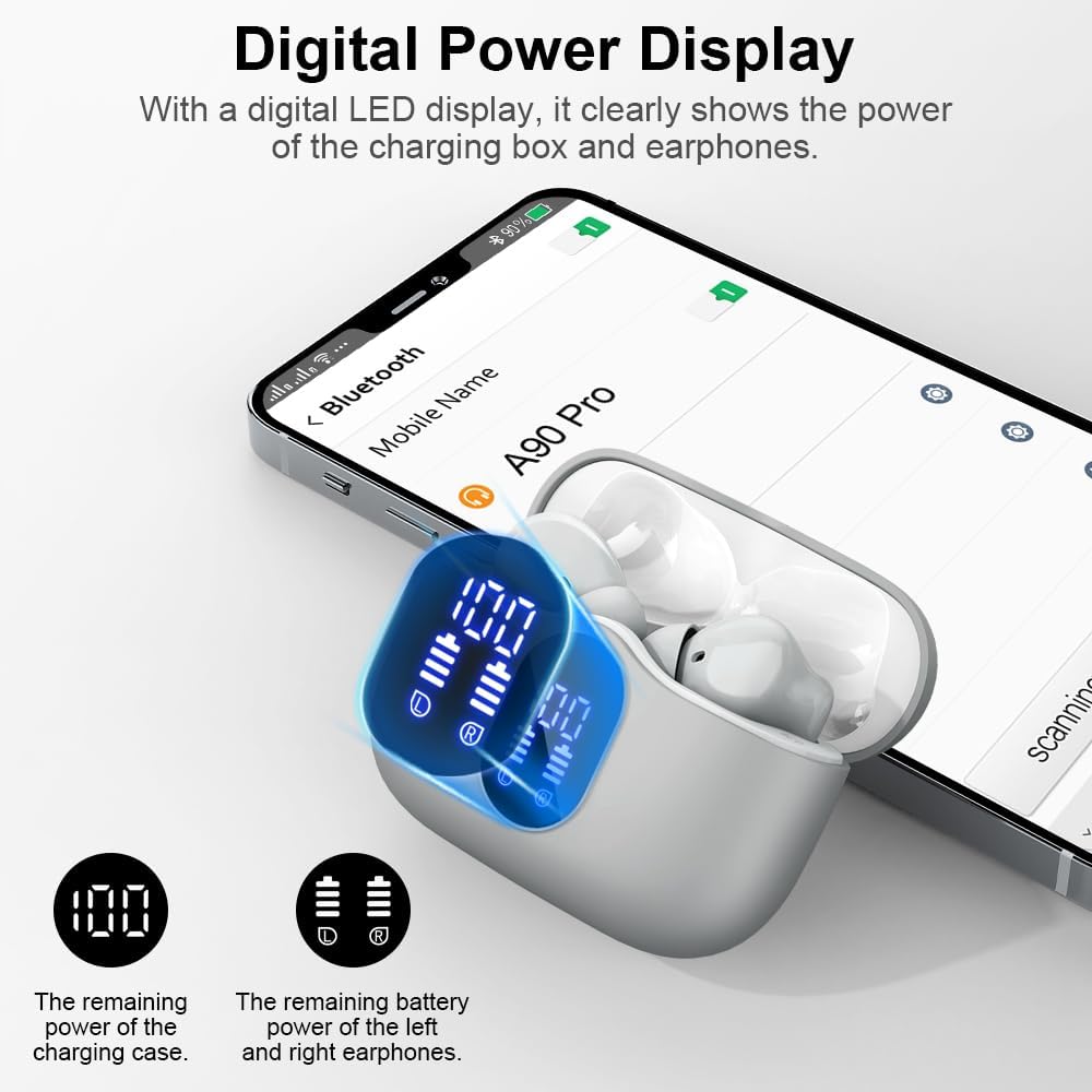 Charging case with digital LED display showing battery levels, next to a smartphone displaying Bluetooth connection.