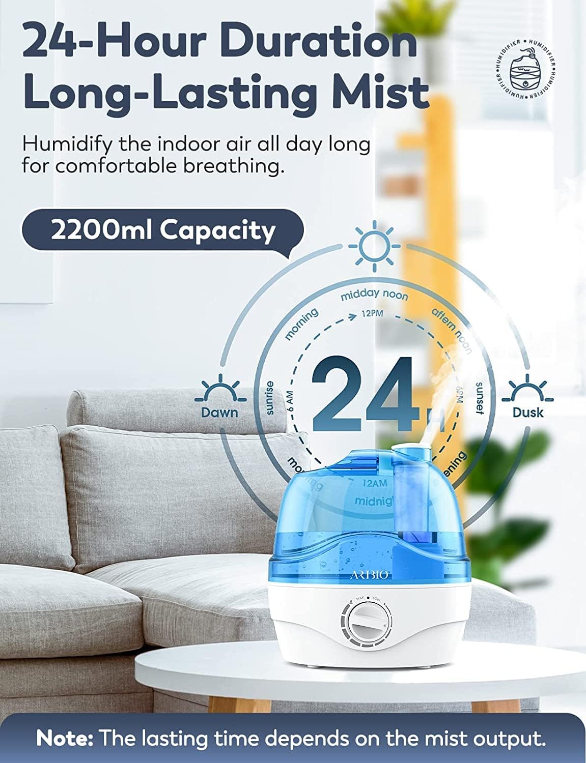 2.2L Quiet Humidifier for Bedroom & Baby Room – 10H Use, 360° Nozzle, Auto-Off