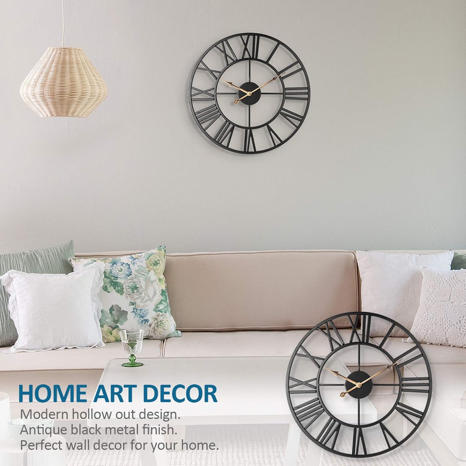 Silent Wall Clock Vintage Metal Skeleton Roman Numerals Farmhouse ARVINKEY