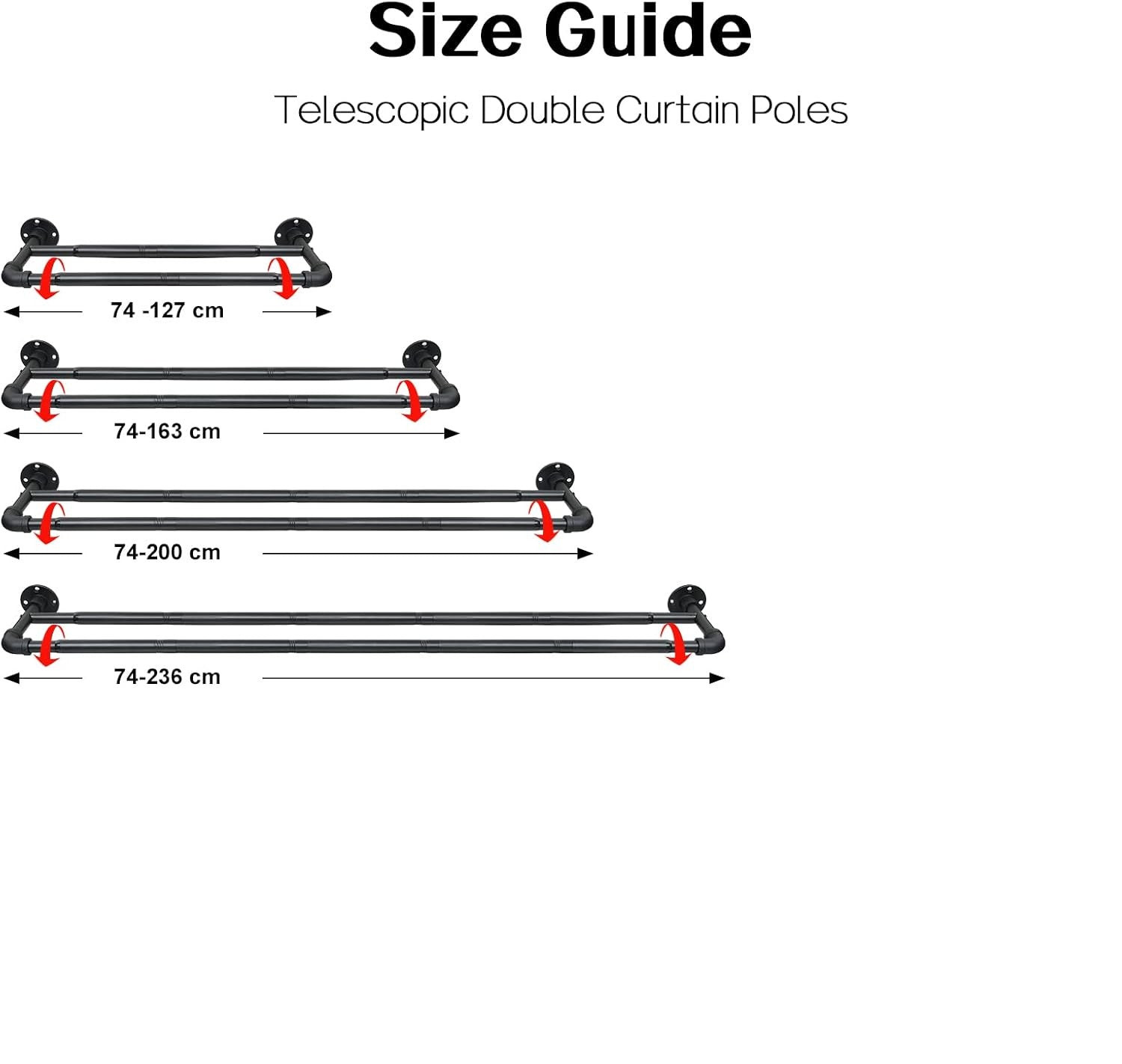 Size guide for telescopic double curtain poles on a white background