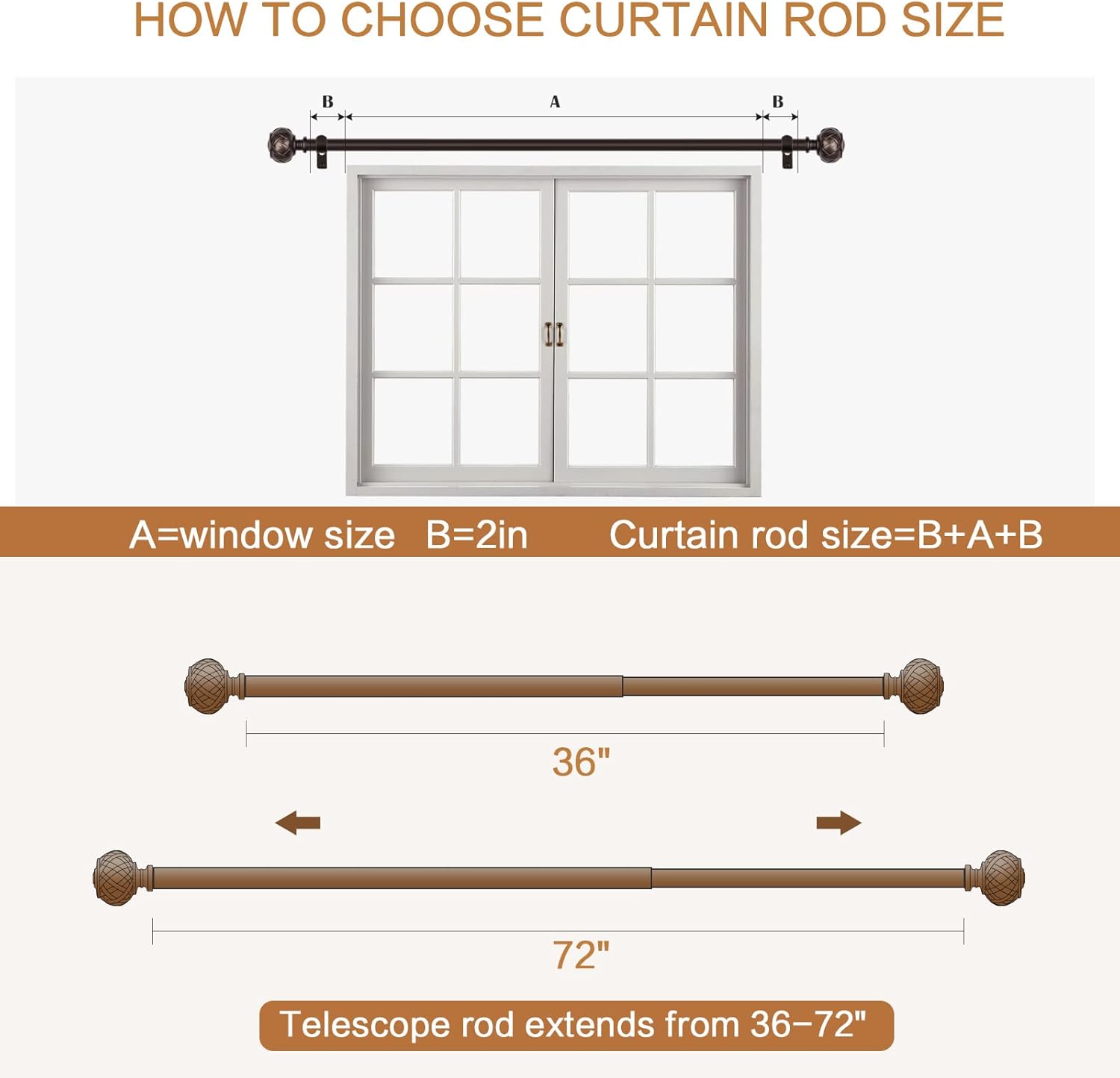 3pcs SZXIMU Curtain Pole 182-365cm (72-144''), Extendable, Netted Finials, Brown