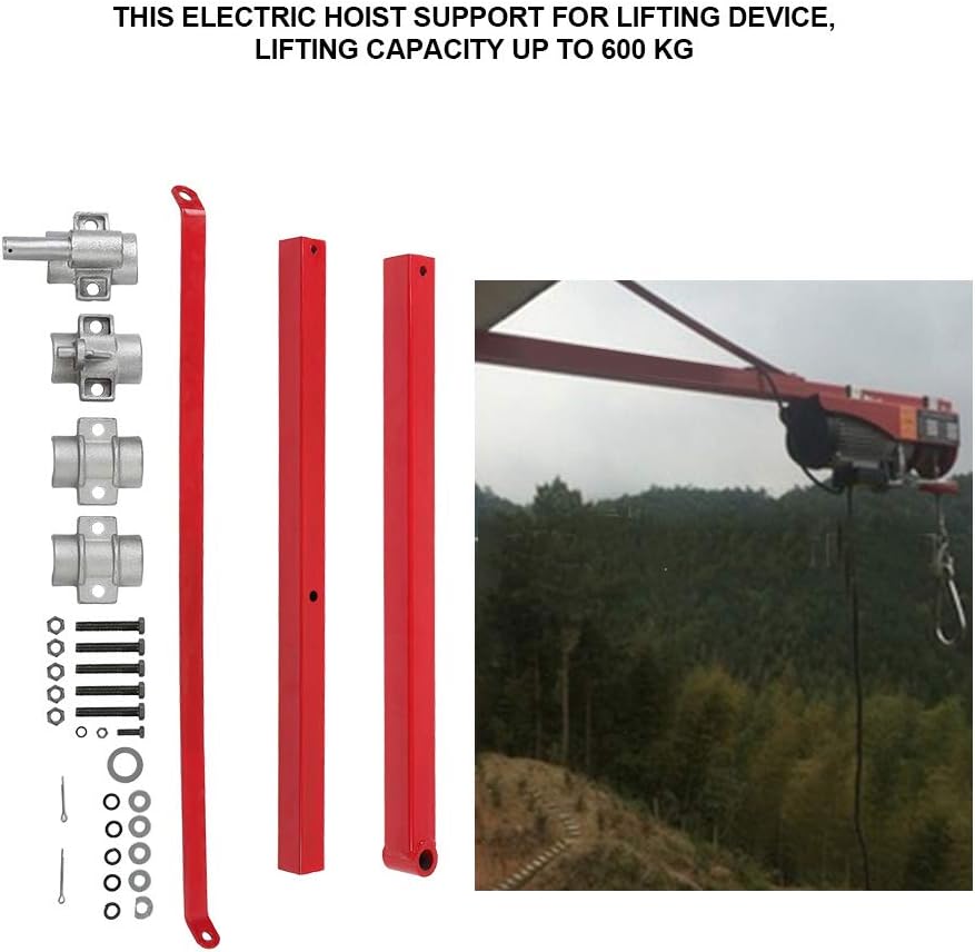 Electric hoist support system with red poles and metal components, used for lifting devices.