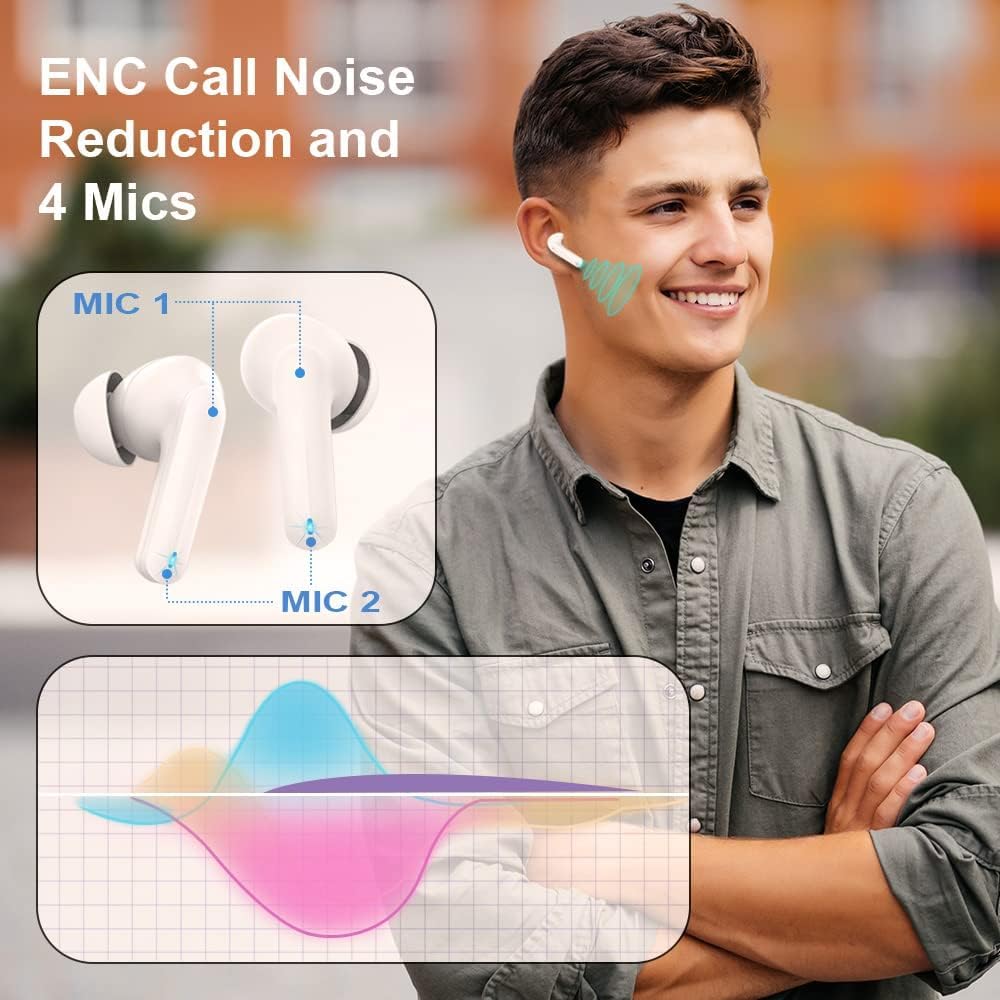 Man wearing wireless earbuds with text about noise reduction and mic features, set against a blurred outdoor background.