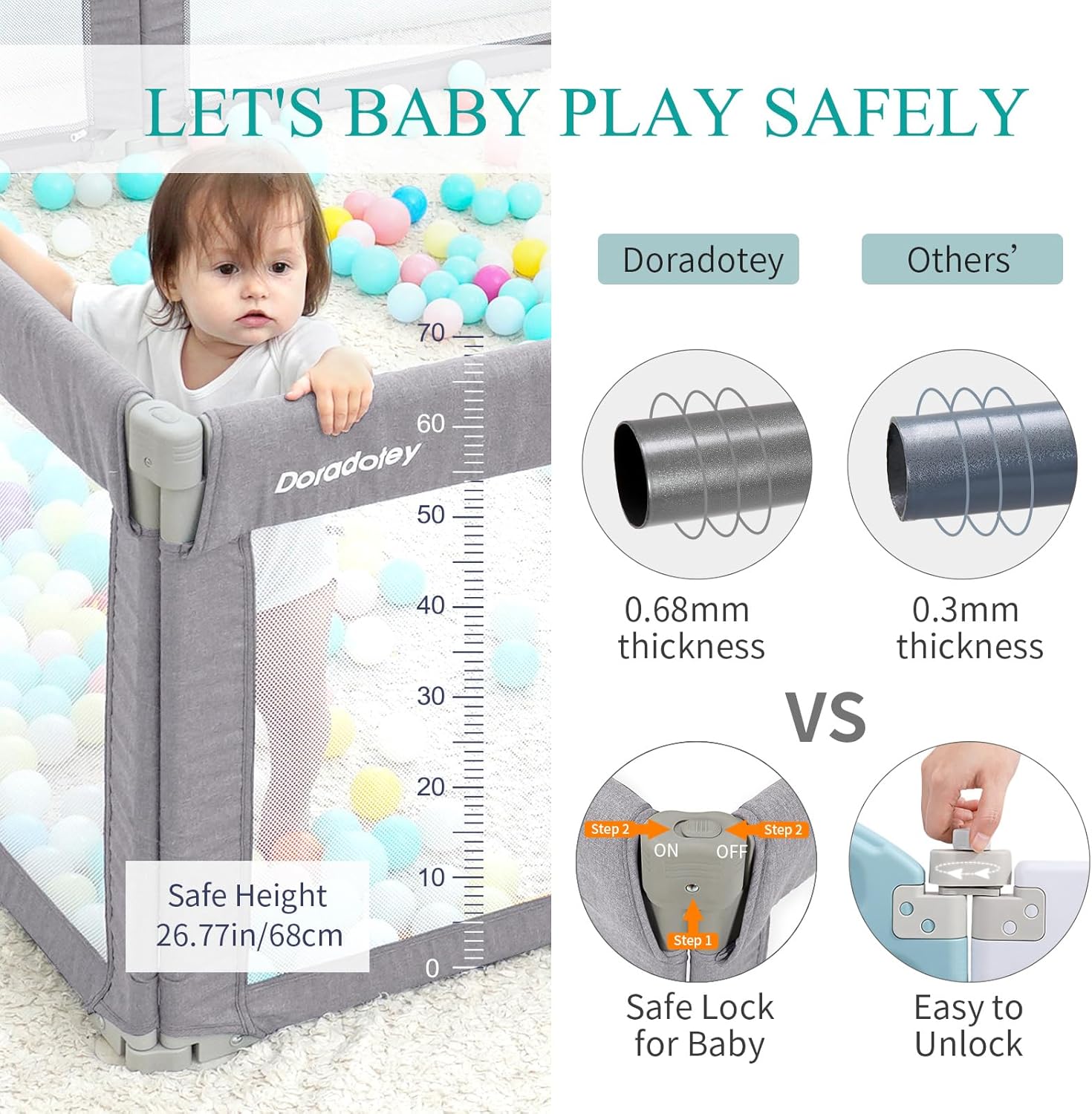 Baby Playpen 180x200cm, Foldable Safety Gate, Adjustable Indoor Play Yard