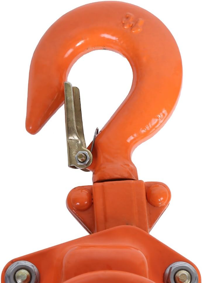 Close-up of an orange lifting hook with a white background