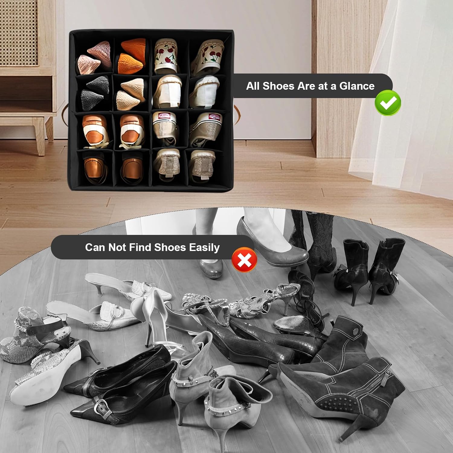 Hiyorsoa 16-Grid Adjustable Shoe Organizer with Clear Dust Cover, Foldable