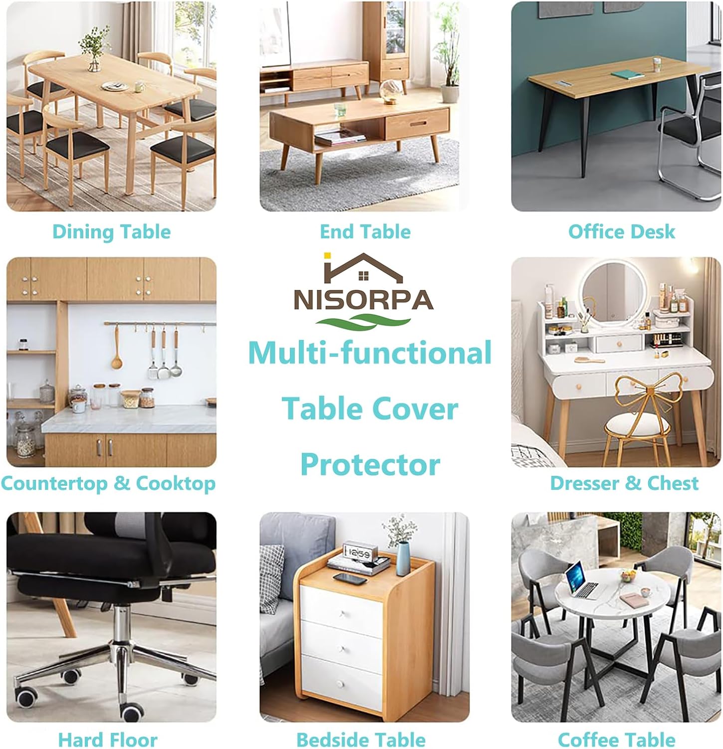 Collage of various furniture pieces with Nisorpa multi-functional table cover protector branding.