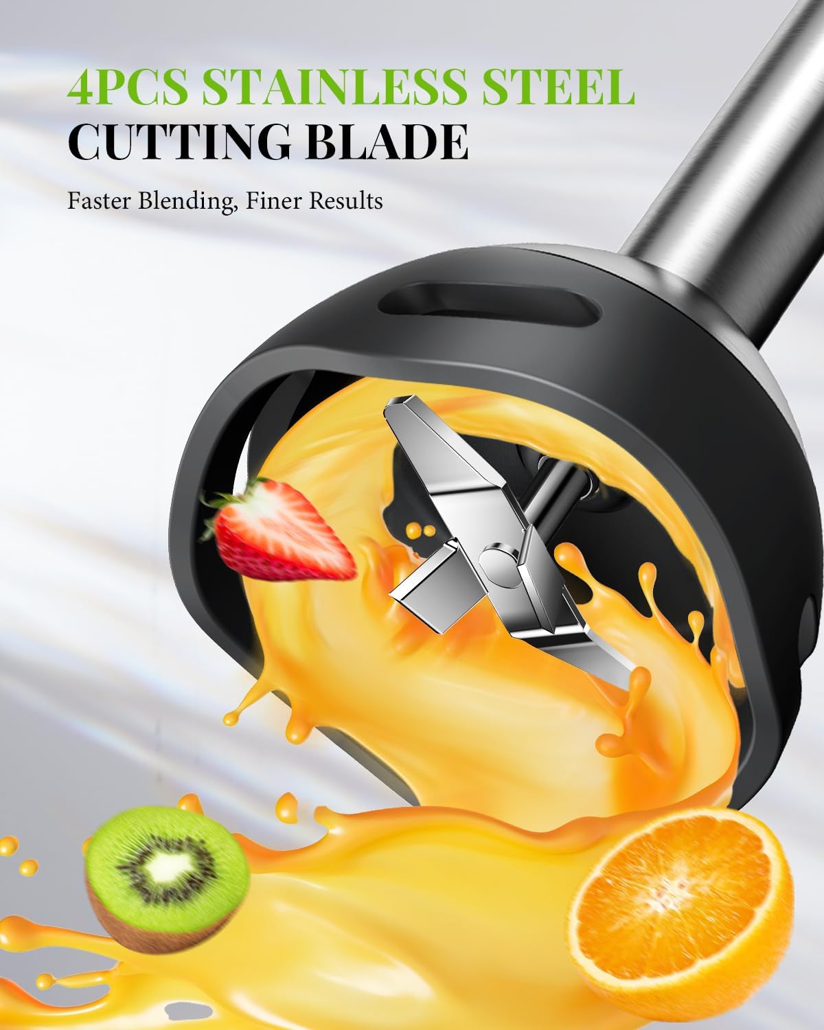 Fruit being blended with a cutting blade in the foreground, surrounded by fruits and juice.