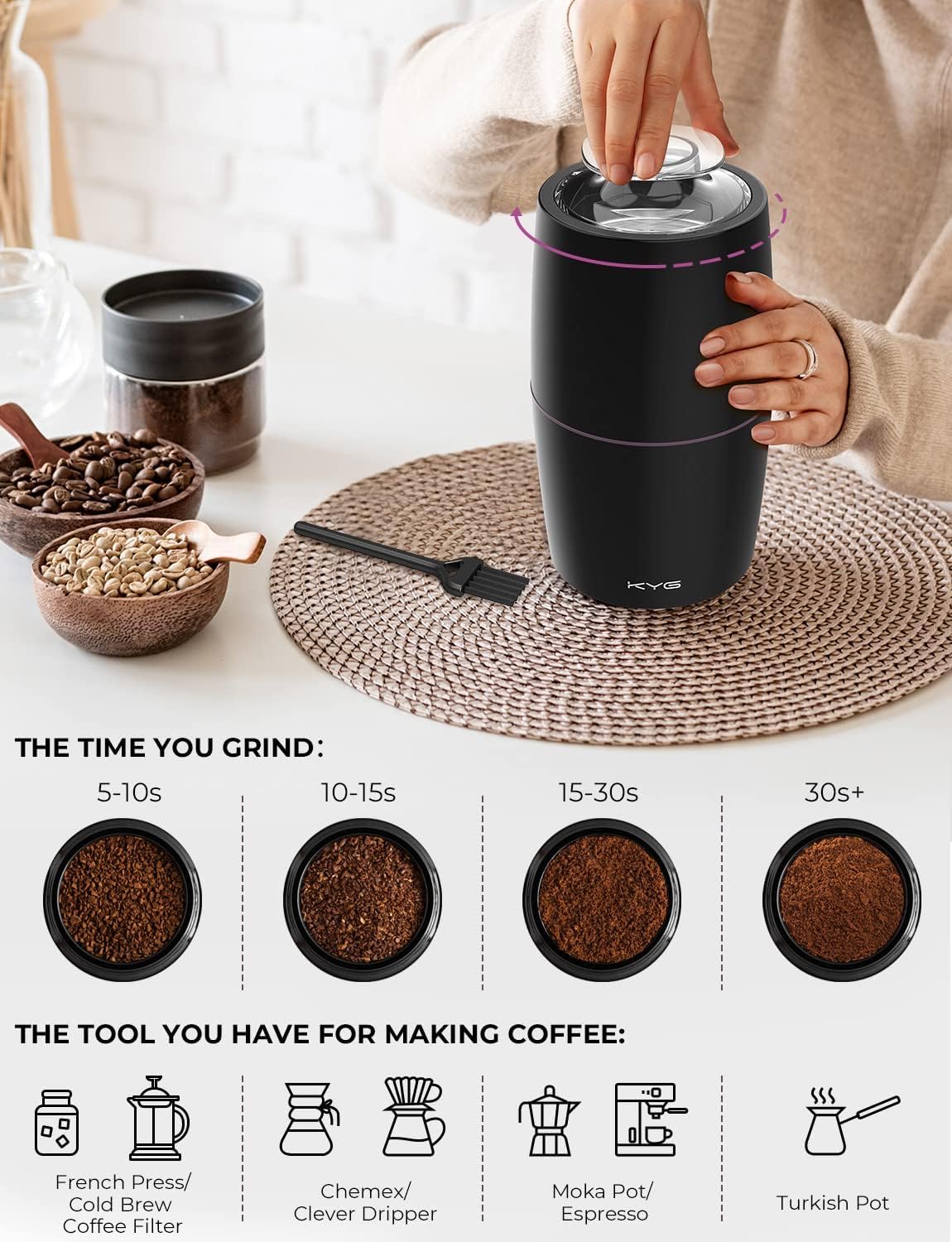 Electric Coffee Grinder 300W Stainless Steel Blades Low Noise 70g KYG