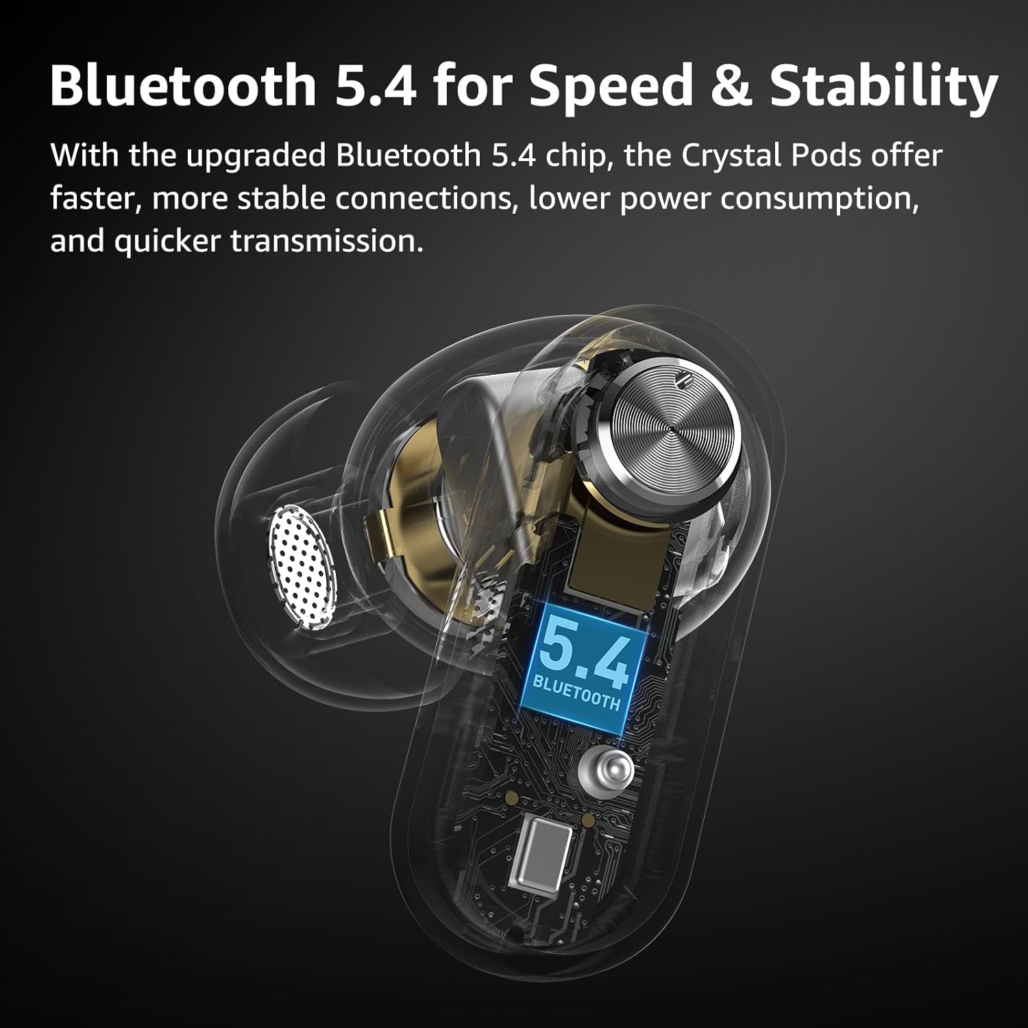 Close-up of a Bluetooth earbud with '5.4' label on a dark background, highlighting Bluetooth 5.4 feature.