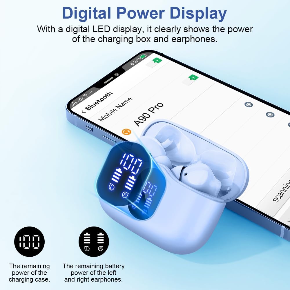 Charging case with digital LED display showing battery levels, next to a smartphone.