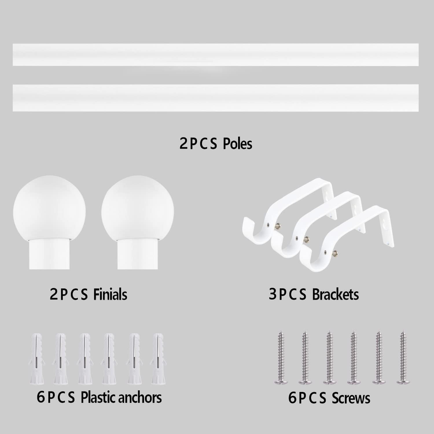 16/19mm Dia 120-210cm Extendable Curtain Pole Set, White, Ball Finials 48-84inch