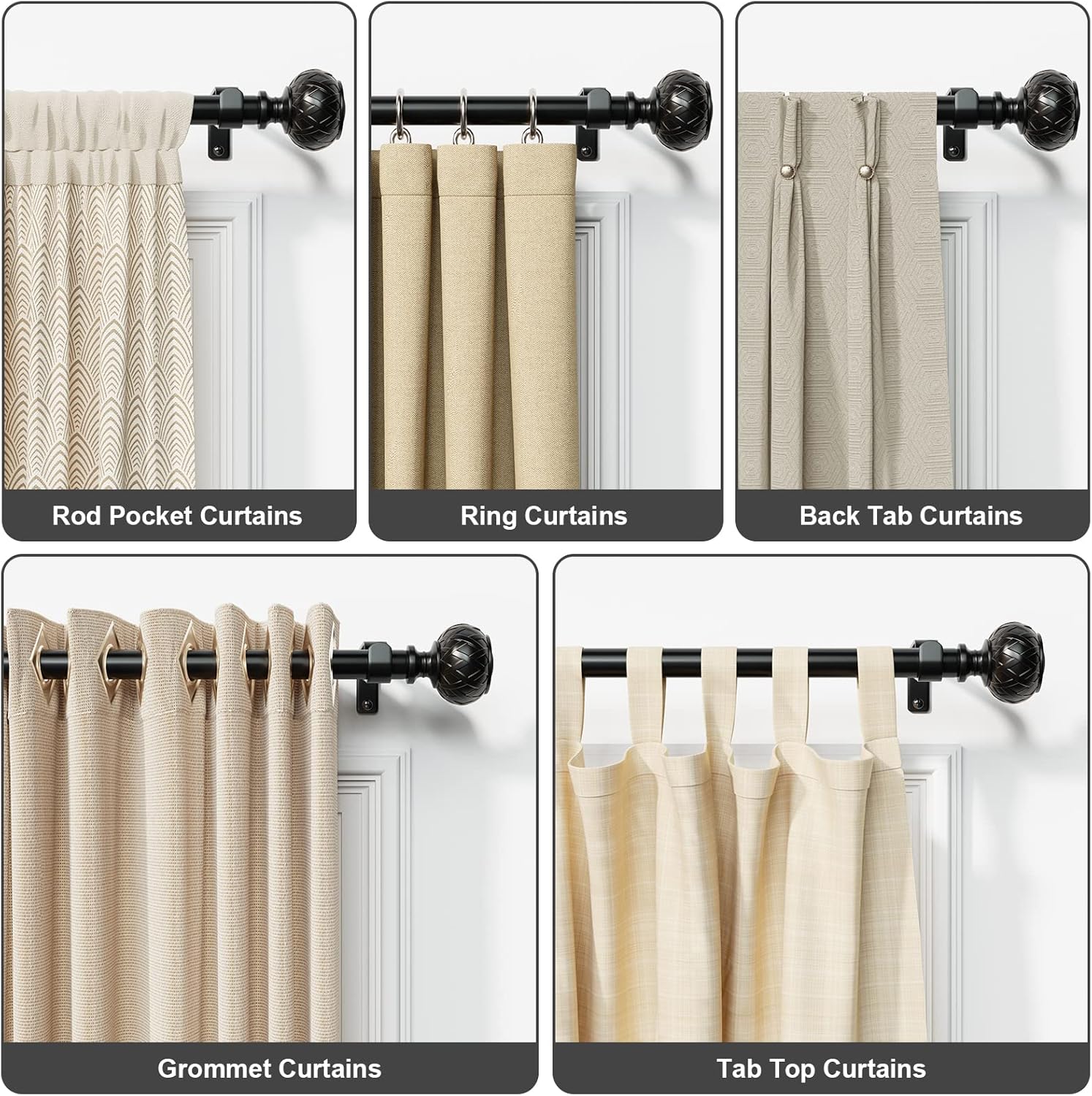 3pcs SZXIMU Curtain Pole 182-365cm (72-144''), Extendable, Netted Finials, Black