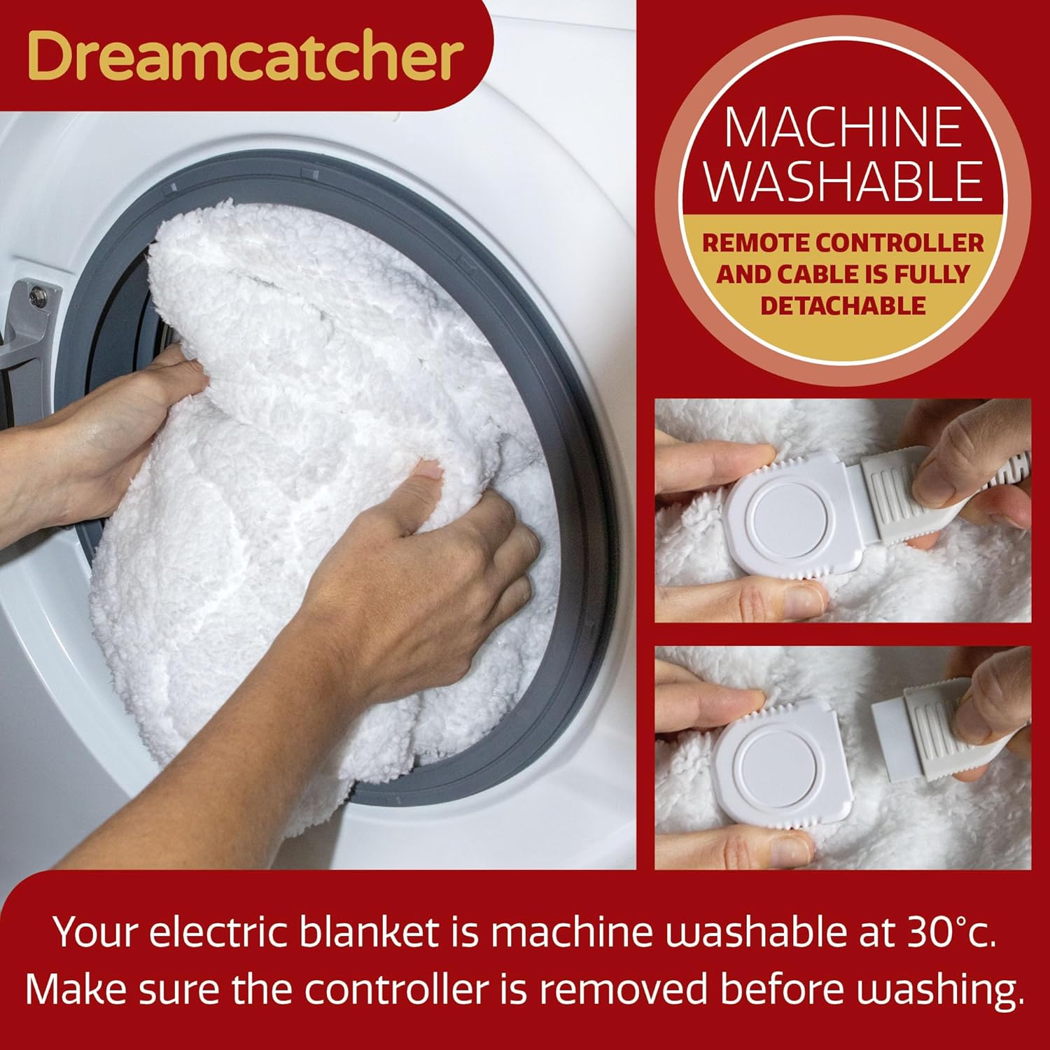 Electric blanket being placed in a washing machine with Dreamcatcher branding and washing instructions.