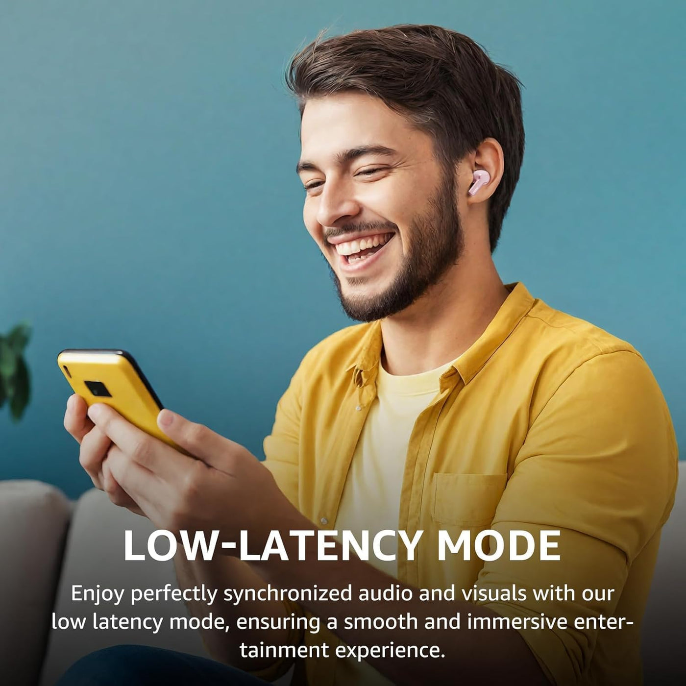 Man using a smartphone with text about low-latency mode