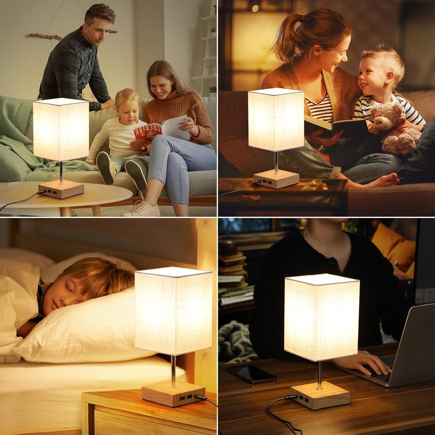 Collage of a family using a lamp in various settings.
