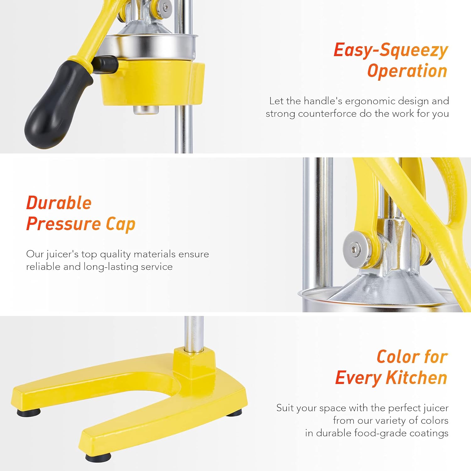 Yellow manual juicer with text highlighting features on a white background