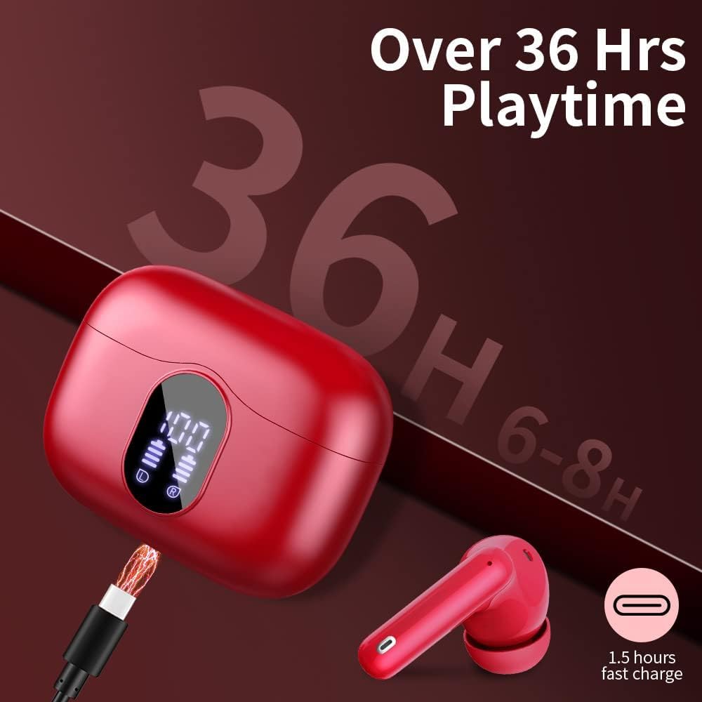 Red wireless earbuds with charging case on a dark background, highlighting playtime and fast charge features.